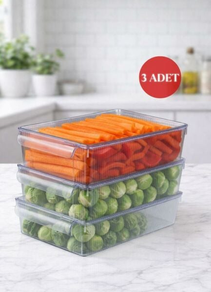 Okyanus Home 3'lü Kapaklı Şeffaf Buzdolabı Organizeri ve Saklama Kabı 3500ML