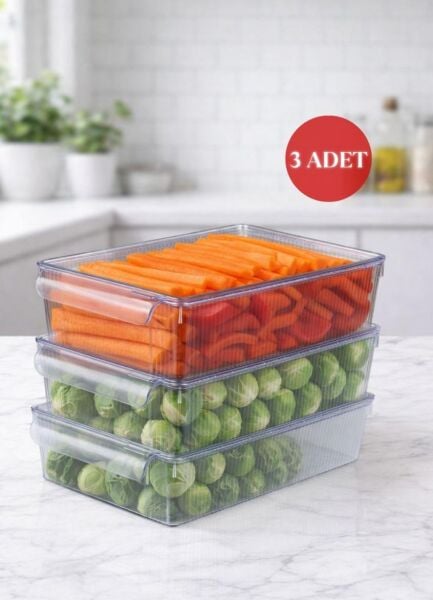 Okyanus Home 3'lü Kapaklı Şeffaf Buzdolabı Organizeri ve Saklama Kabı 3500ML