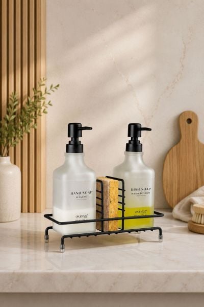 Okyanus Home Siyah Pompalı ve Standlı İkili Kare Sıvı sabunluk Buzlu Cam  500ml