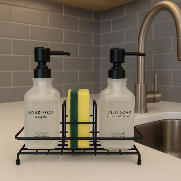 Okyanus Home Siyah Pompalı ve Standlı İkili Kare Sıvı sabunluk Buzlu Cam  500ml