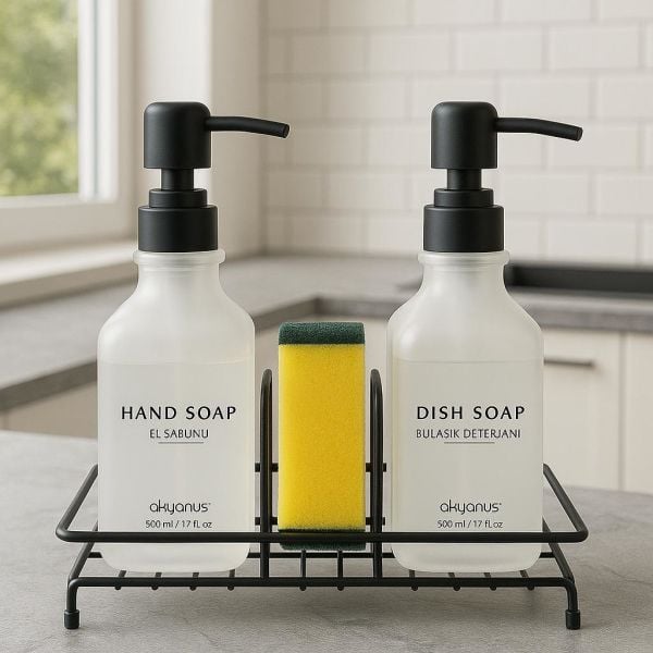 Okyanus Home Siyah Pompalı ve Standlı İkili Kare Sıvı sabunluk Buzlu Cam  500ml