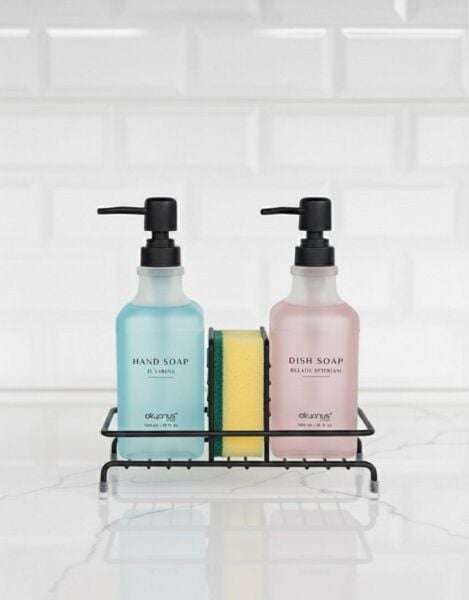 Okyanus Home Siyah Pompalı ve Standlı İkili Kare Sıvı sabunluk Buzlu Cam  500ml