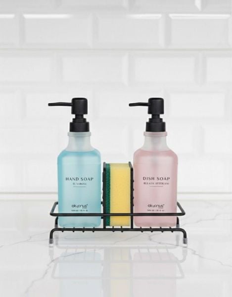 Okyanus Home Siyah Pompalı ve Standlı İkili Kare Sıvı sabunluk Buzlu Cam  500ml