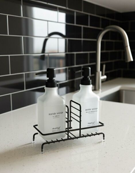 Okyanus Home Siyah Pompalı ve Standlı İkili Kare Sıvı sabunluk Buzlu Cam  500ml