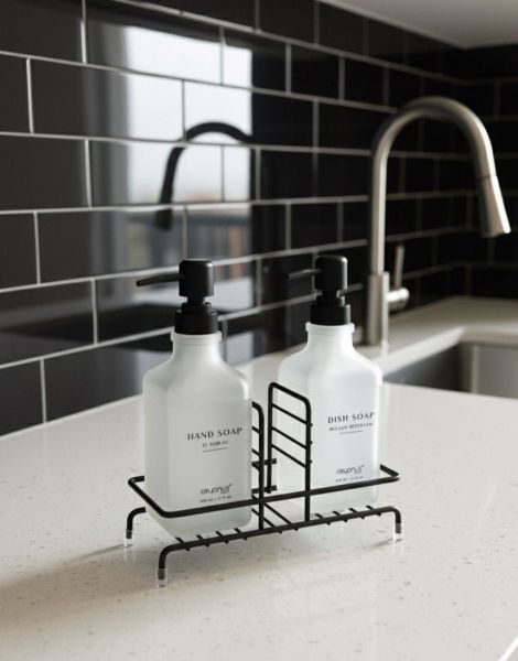 Okyanus Home Siyah Pompalı ve Standlı İkili Kare Sıvı sabunluk Buzlu Cam  500ml