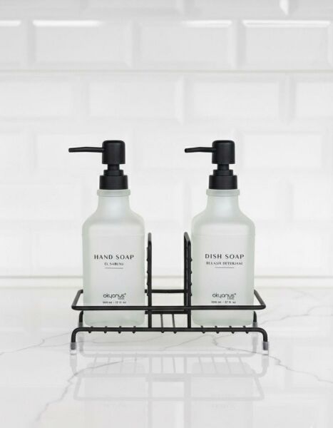 Okyanus Home Siyah Pompalı ve Standlı İkili Kare Sıvı sabunluk Buzlu Cam  500ml