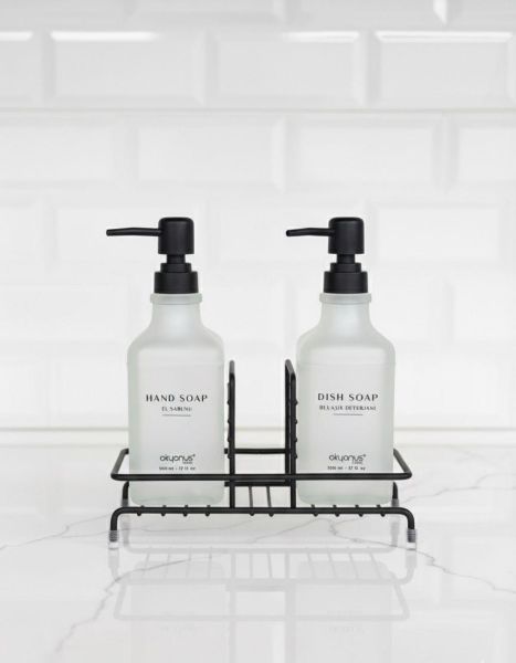 Okyanus Home Siyah Pompalı ve Standlı İkili Kare Sıvı sabunluk Buzlu Cam  500ml