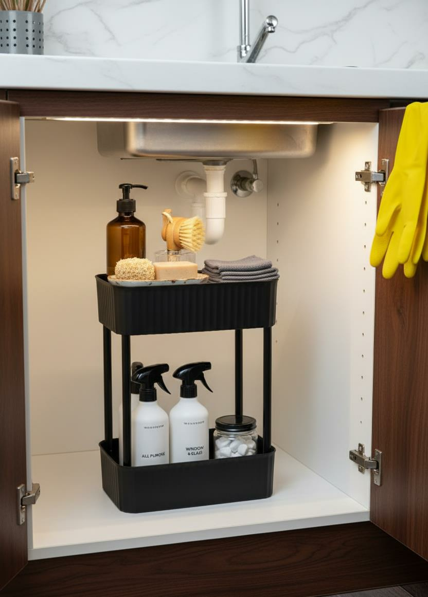 Okyanus Home Banyo-Mutfak Düzenleyici 2 katlı Tekerleksiz Pratik Raf Siyah