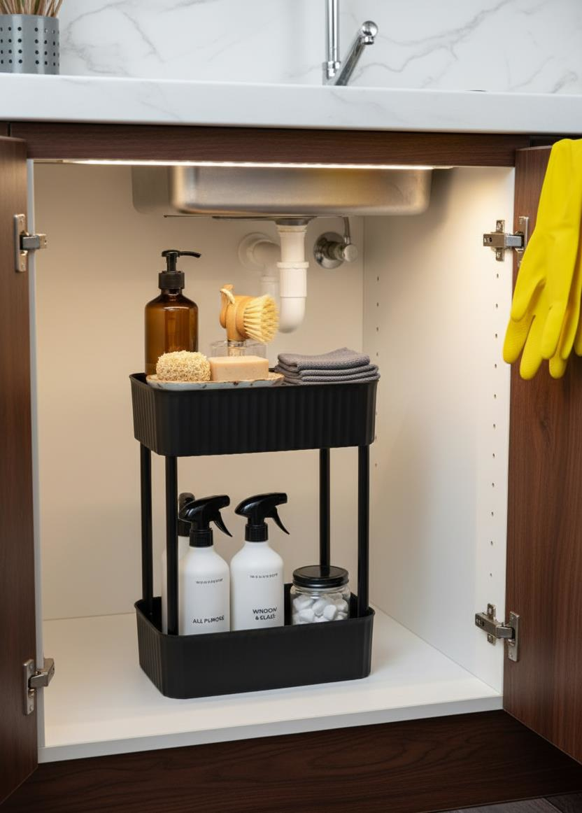 Okyanus Home Banyo-Mutfak Düzenleyici 2 katlı Tekerleksiz Pratik Raf Siyah