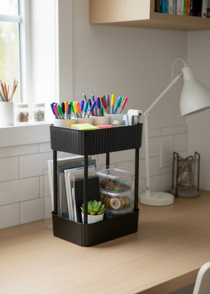 Okyanus Home Banyo-Mutfak Düzenleyici 2 katlı Tekerleksiz Pratik Raf Siyah