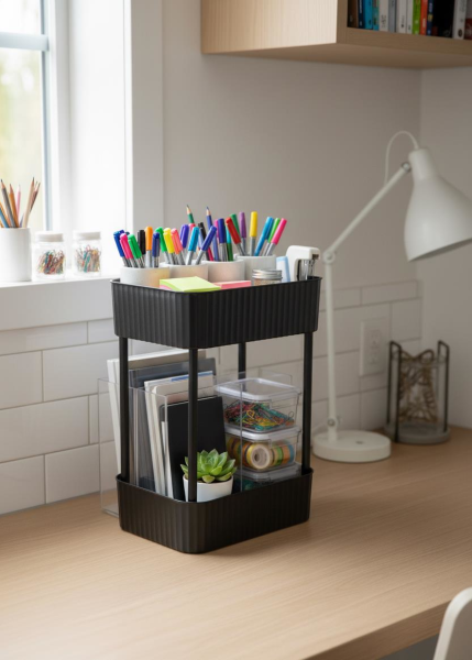 Okyanus Home Banyo-Mutfak Düzenleyici 2 katlı Tekerleksiz Pratik Raf Siyah