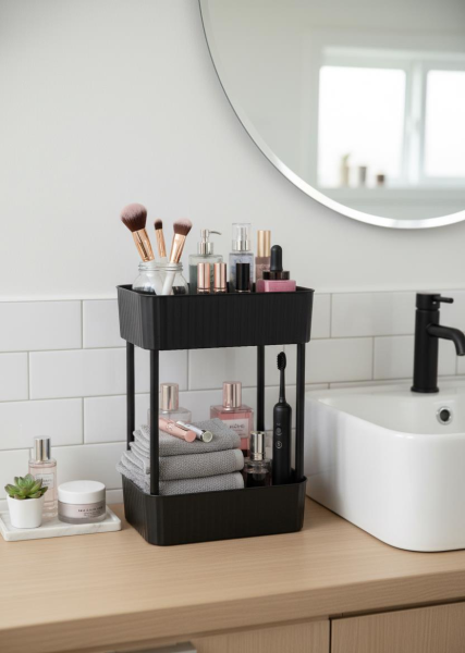 Okyanus Home Banyo-Mutfak Düzenleyici 2 katlı Tekerleksiz Pratik Raf Siyah