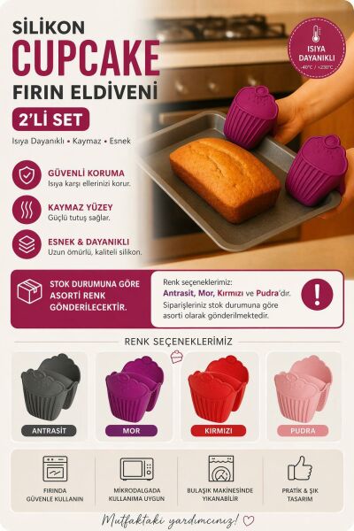 Okyanus Home Silikon Cupcake Isı Yalıtımlı 2'li Fırın Eldiveni
