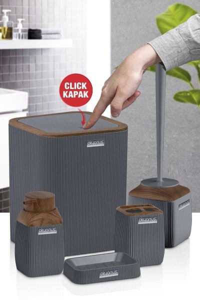 Okyanus Home Ahşap Desenli Çizgili 5'li Banyo Seti - Gri