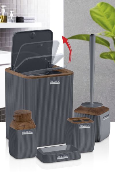 Okyanus Home Ahşap Desenli Çizgili 5'li Banyo Seti - Gri