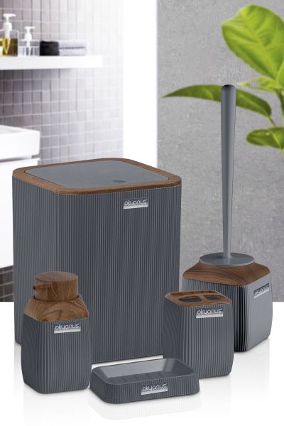 Okyanus Home Ahşap Desenli Çizgili 5'li Banyo Seti - Gri