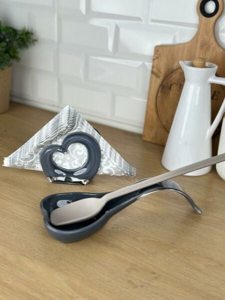 Okyanus Home Çift Baskı Kepçe Kaşık Altlığı ve Peçetelik Antrasit