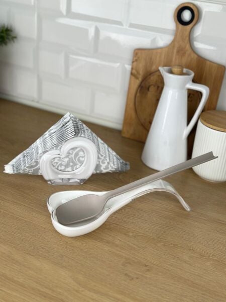 Okyanus Home Çift Baskı Kepçe Kaşık Altlığı ve Peçetelik Beyaz