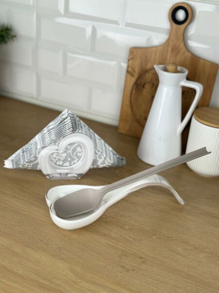 Okyanus Home Çift Baskı Kepçe Kaşık Altlığı ve Peçetelik Beyaz