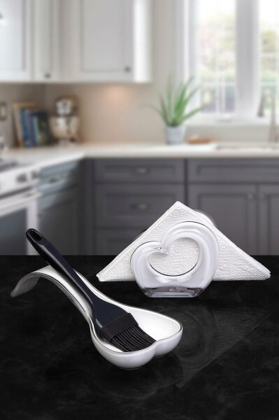 Okyanus Home Çift Baskı Kepçe Kaşık Altlığı ve Peçetelik Beyaz