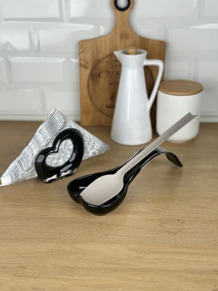 Okyanus Home Çift Baskı Kepçe Kaşık Altlığı ve Peçetelik Siyah