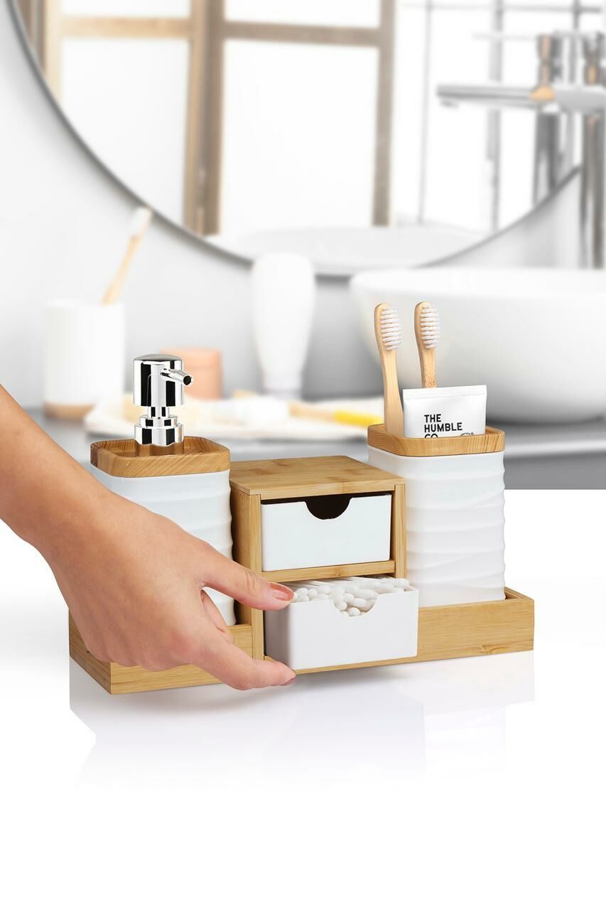 Okyanus Home Beyaz Bambu Çekmeceli Sıvı Sabunluk Ve Diş Fırçalıklı Banyo Organizeri