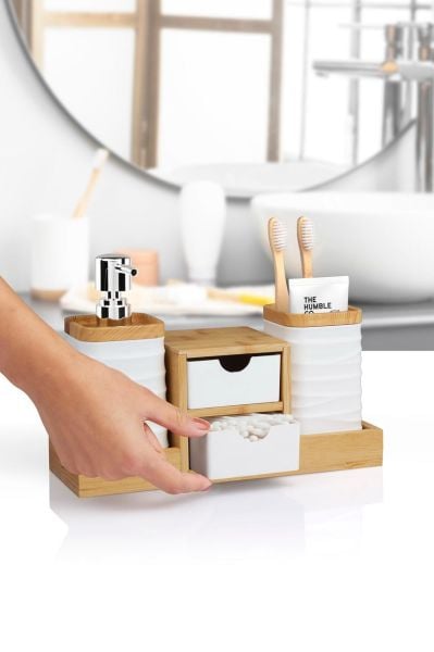 Okyanus Home Beyaz Bambu Çekmeceli Sıvı Sabunluk Ve Diş Fırçalıklı Banyo Organizeri