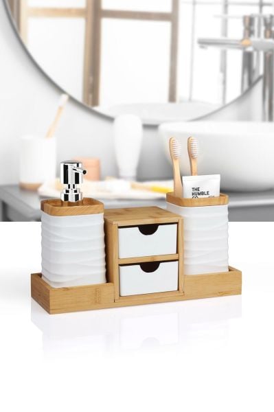 Okyanus Home Beyaz Bambu Çekmeceli Sıvı Sabunluk Ve Diş Fırçalıklı Banyo Organizeri