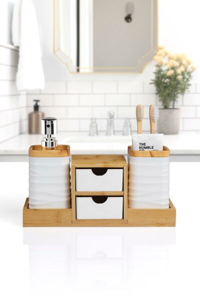 Okyanus Home Beyaz Bambu Çekmeceli Sıvı Sabunluk Ve Diş Fırçalıklı Banyo Organizeri