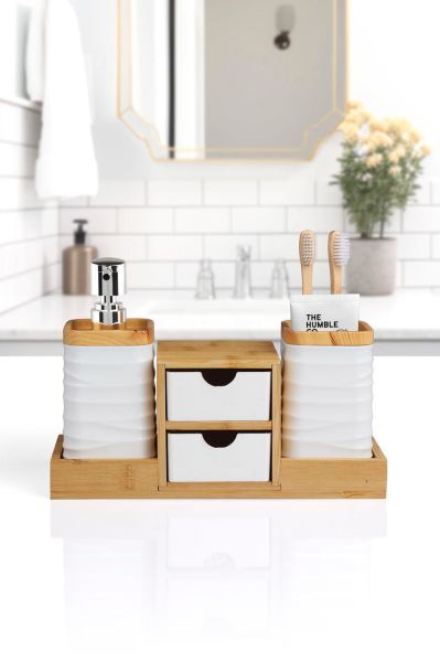 Okyanus Home Beyaz Bambu Çekmeceli Sıvı Sabunluk Ve Diş Fırçalıklı Banyo Organizeri