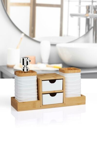 Okyanus Home Beyaz Bambu Çekmeceli Sıvı Sabunluk Ve Diş Fırçalıklı Banyo Organizeri