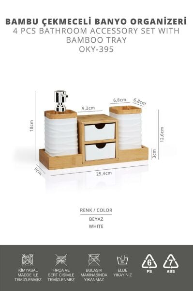 Okyanus Home Beyaz Bambu Çekmeceli Sıvı Sabunluk Ve Diş Fırçalıklı Banyo Organizeri