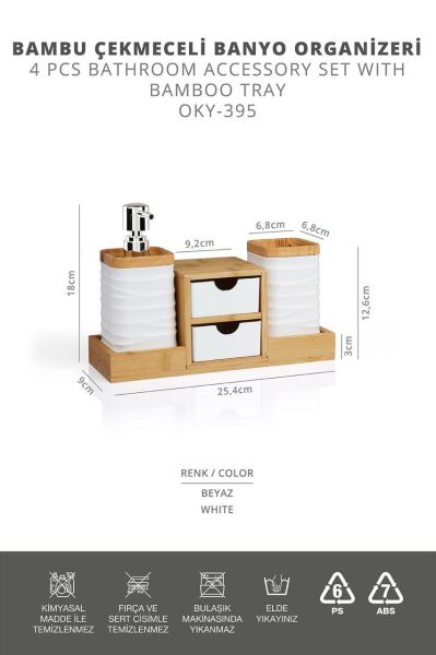 Okyanus Home Beyaz Bambu Çekmeceli Sıvı Sabunluk Ve Diş Fırçalıklı Banyo Organizeri