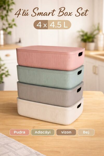 Okyanus Home Linea Smart Box Multi Renk 4,5 Lt 4 Adet Kapaklı Çok Amaçlı Saklama Kutusu
