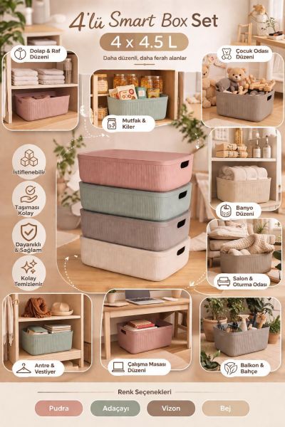 Okyanus Home Linea Smart Box Multi Renk 4,5 Lt 4 Adet Kapaklı Çok Amaçlı Saklama Kutusu