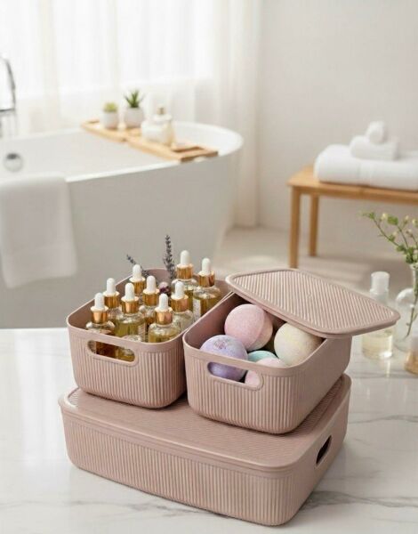 Okyanus Home Linea Smart Box Pembe 3lü Set 1 Adet 4,5 Lt 2 Adet 2,4 Lt Kapaklı Çok Amaçlı Saklama Kutusu