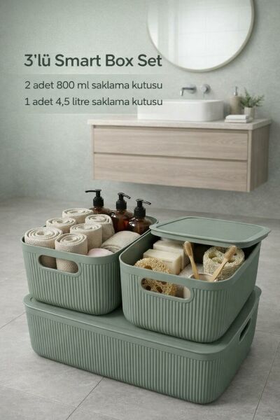 Okyanus Home Linea Smart Box Yeşil 3lü Set 1 Adet 4,5 Lt 2 Adet 2,4 Lt Kapaklı Çok Amaçlı Saklama Kutusu