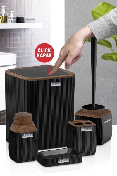 Okyanus Home Ahşap Desenli Çizgili 5'li Banyo Seti - Siyah