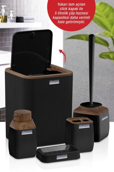 Okyanus Home Ahşap Desenli Çizgili 5'li Banyo Seti - Siyah