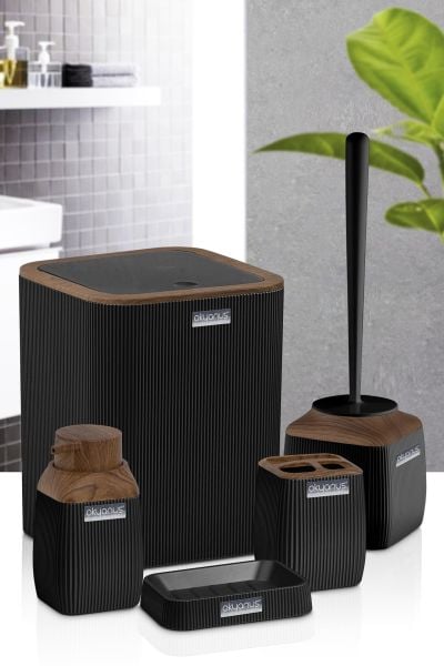 Okyanus Home Ahşap Desenli Çizgili 5'li Banyo Seti - Siyah