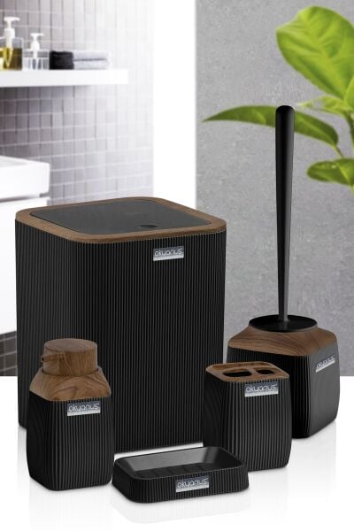 Okyanus Home Ahşap Desenli Çizgili 5'li Banyo Seti - Siyah