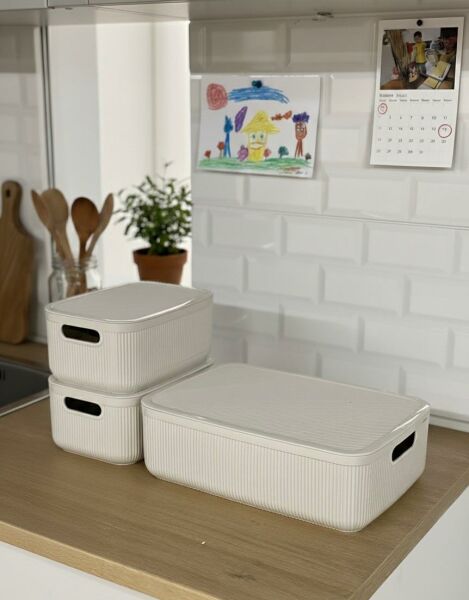 Okyanus Home Linea Smart Box Bej 3lü Set 1 Adet 4,5 Lt 2 Adet 2,4 Lt Kapaklı Çok Amaçlı Saklama Kutusu