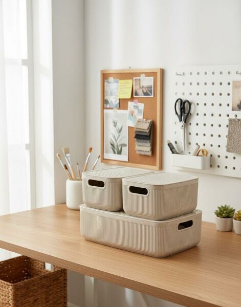 Okyanus Home Linea Smart Box Bej 3lü Set 1 Adet 4,5 Lt 2 Adet 2,4 Lt Kapaklı Çok Amaçlı Saklama Kutusu