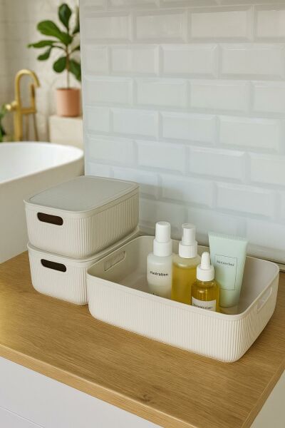 Okyanus Home Linea Smart Box Bej 3lü Set 1 Adet 4,5 Lt 2 Adet 2,4 Lt Kapaklı Çok Amaçlı Saklama Kutusu