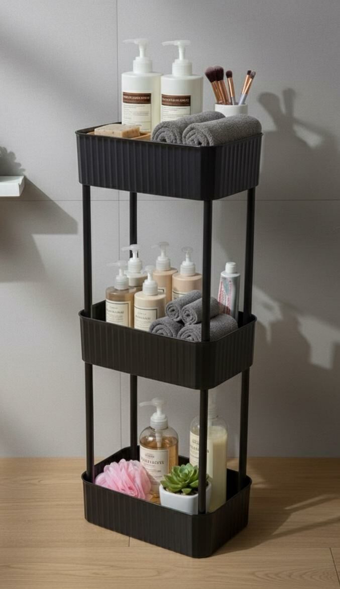 Okyanus Home Banyo-Mutfak Düzenleyici 3 katlı Tekerleksiz Pratik Raf Siyah