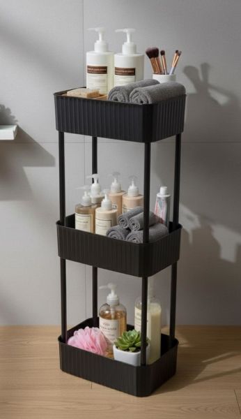 Okyanus Home Banyo-Mutfak Düzenleyici 3 katlı Tekerleksiz Pratik Raf Siyah