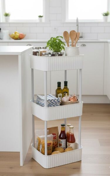 Okyanus Home Banyo-Mutfak Düzenleyici 3 katlı Tekerleksiz Pratik Raf Beyaz