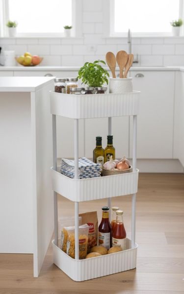 Okyanus Home Banyo-Mutfak Düzenleyici 3 katlı Tekerleksiz Pratik Raf Beyaz