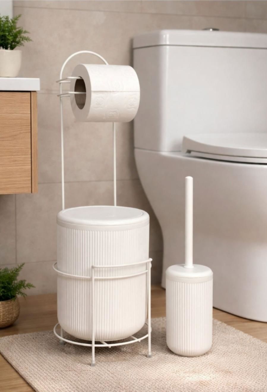 Okyanus Home Beyaz Stantlı Wc Kağıtlık LineaYuvarlak Çöp Kovası ve WC Fırça Seti