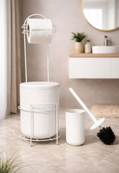 Okyanus Home Beyaz Stantlı Wc Kağıtlık LineaYuvarlak Çöp Kovası ve WC Fırça Seti